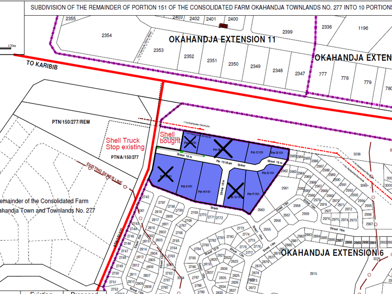 A subdivision layout plan showing the remainder of portion 151 of the consolidated farm Okahandja Townlands No. 277 into 10 portions.