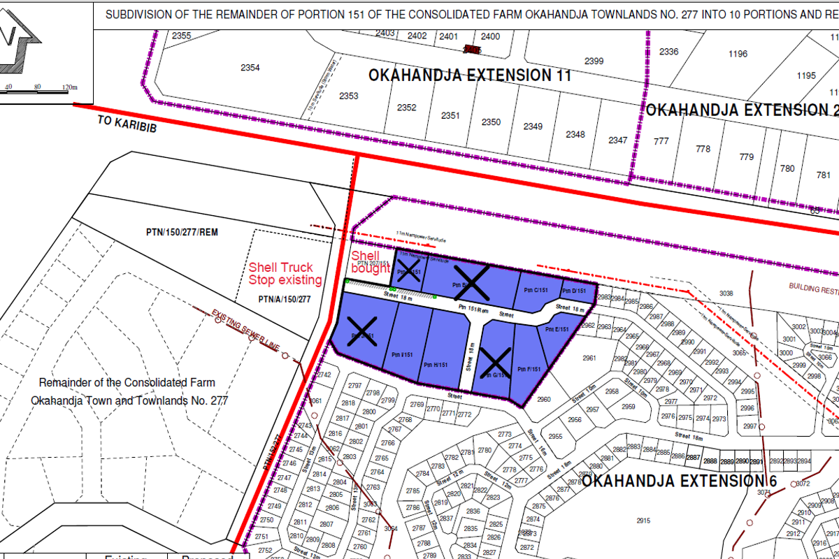 A subdivision layout plan showing the remainder of portion 151 of the consolidated farm Okahandja Townlands No. 277 into 10 portions.