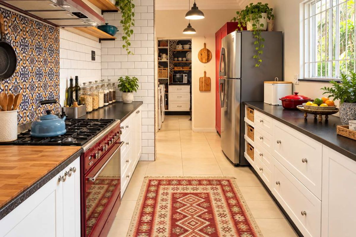 A well-appointed kitchen featuring a red range stove, patterned tile backsplash, white cabinetry, dark countertops, and a scullery area visible in the background.