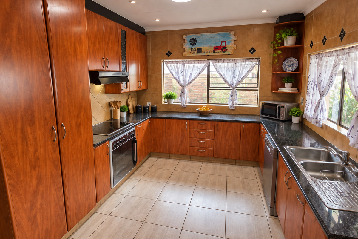 A functional kitchen featuring warm-toned wooden cabinetry, granite countertops, a built-in oven with hob, and a double basin sink with tiled finishes.