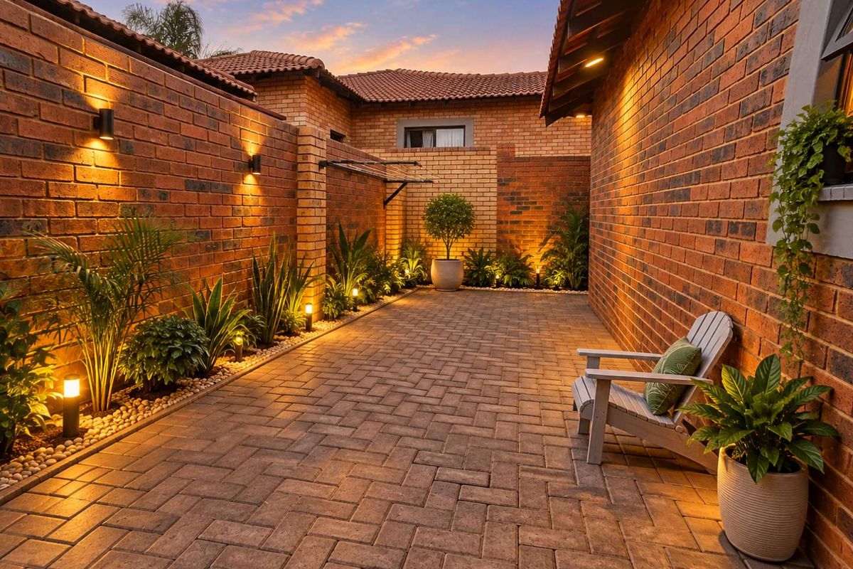 A beautifully landscaped and paved rear courtyard featuring warm ambient wall lighting and classic face brick construction.