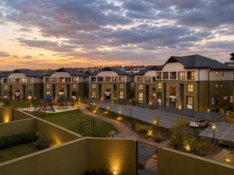 Aerial view of a modern apartment complex featuring landscaped communal gardens, children's playground, and solar-covered parking bays at sunset.