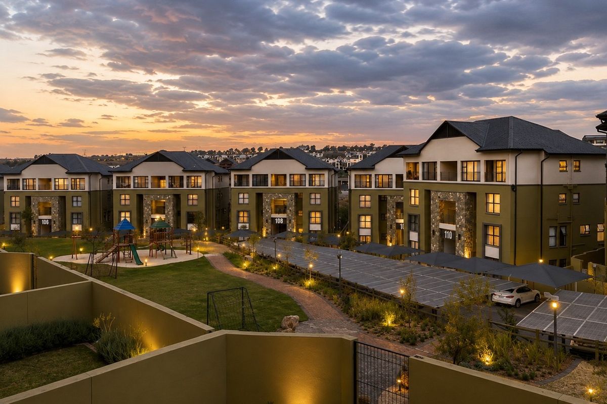 Aerial view of a modern apartment complex featuring landscaped communal gardens, children's playground, and solar-covered parking bays at sunset.