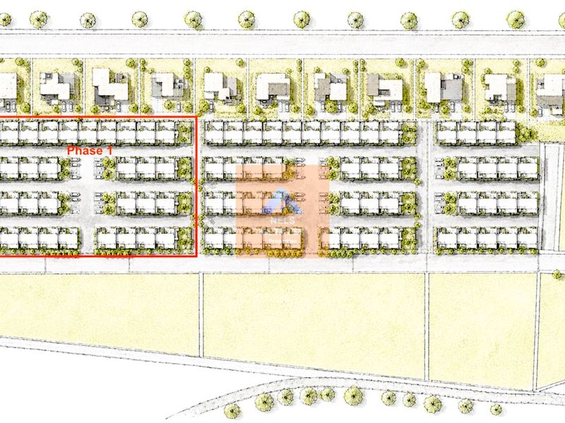 An architectural site plan illustrating the layout of the townhouse development, highlighting Phase 1 and overall estate configuration.