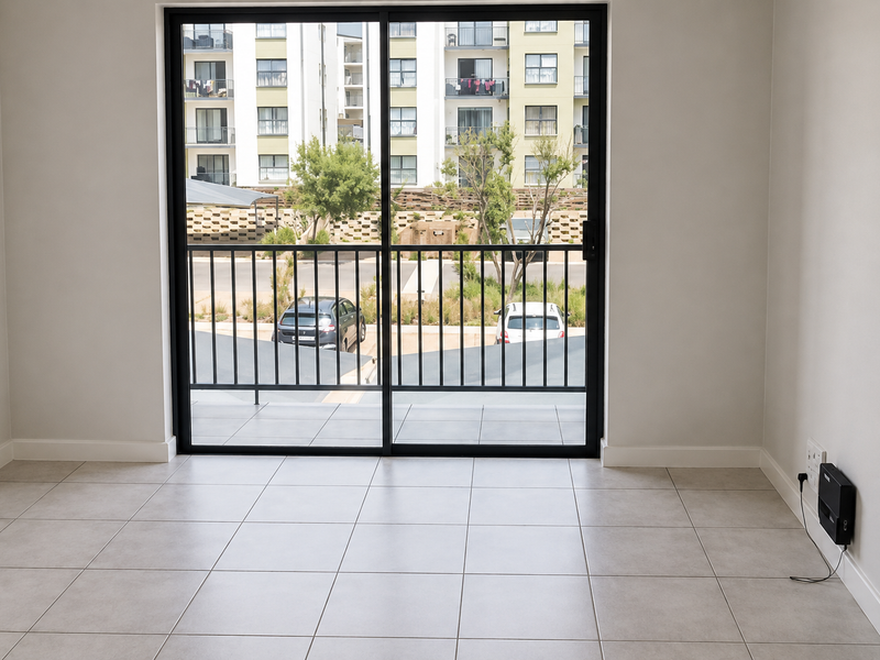 A bright, empty living area featuring neutral tiled flooring and a large sliding glass door providing access to an outdoor balcony.