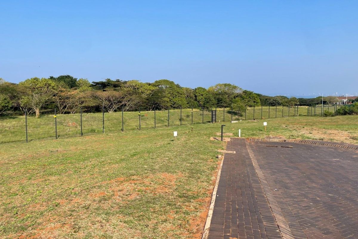A vacant residential plot featuring a paved driveway entrance, perimeter fencing, and established grassed land with surrounding trees.