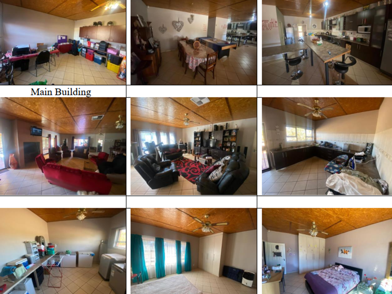 A collage showing various interior spaces of the main building, featuring open-plan living areas, a kitchen, and bedrooms with tiled floors and wood-look ceilings.