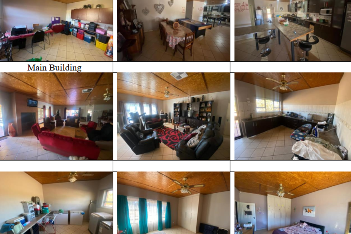 A collage showing various interior spaces of the main building, featuring open-plan living areas, a kitchen, and bedrooms with tiled floors and wood-look ceilings.