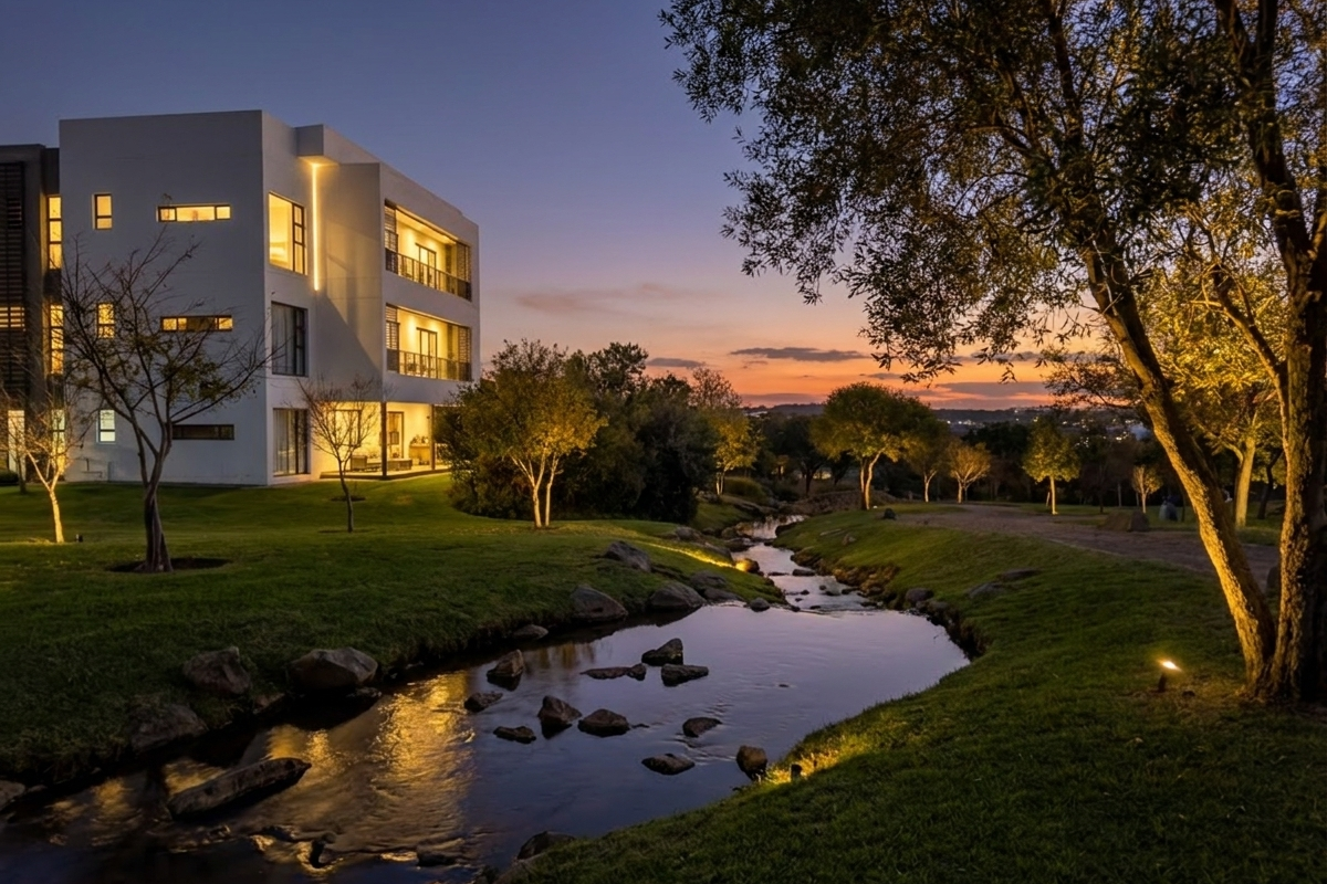A stunning twilight view of a modern apartment building set within a beautifully landscaped garden featuring a tranquil stream and ambient exterior lighting.
