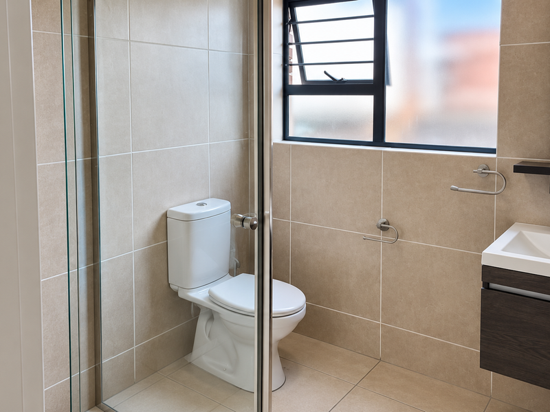 A modern, well-maintained bathroom featuring a glass shower enclosure, a wall-mounted vanity with a basin, and neutral floor-to-ceiling tiling.