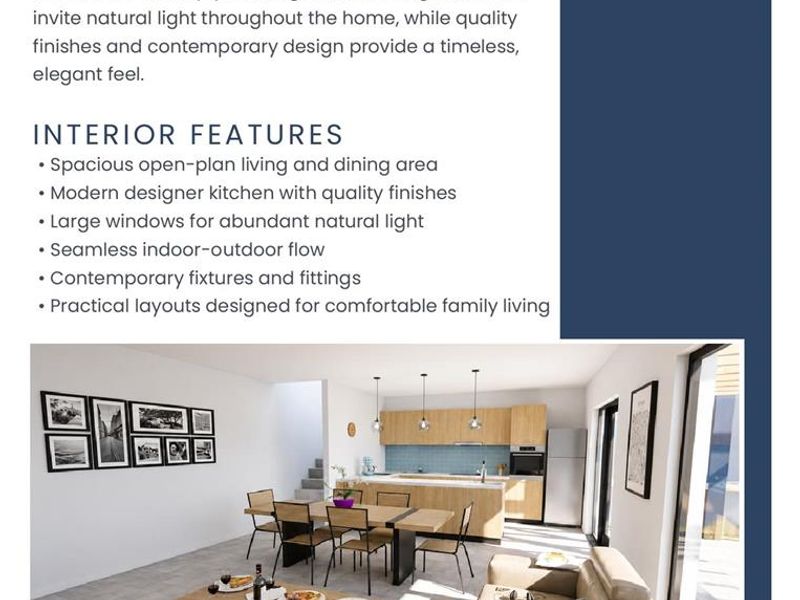 A bright open-plan living, dining, and kitchen area featuring modern cabinetry, a central island, and large windows providing seamless indoor-outdoor flow.