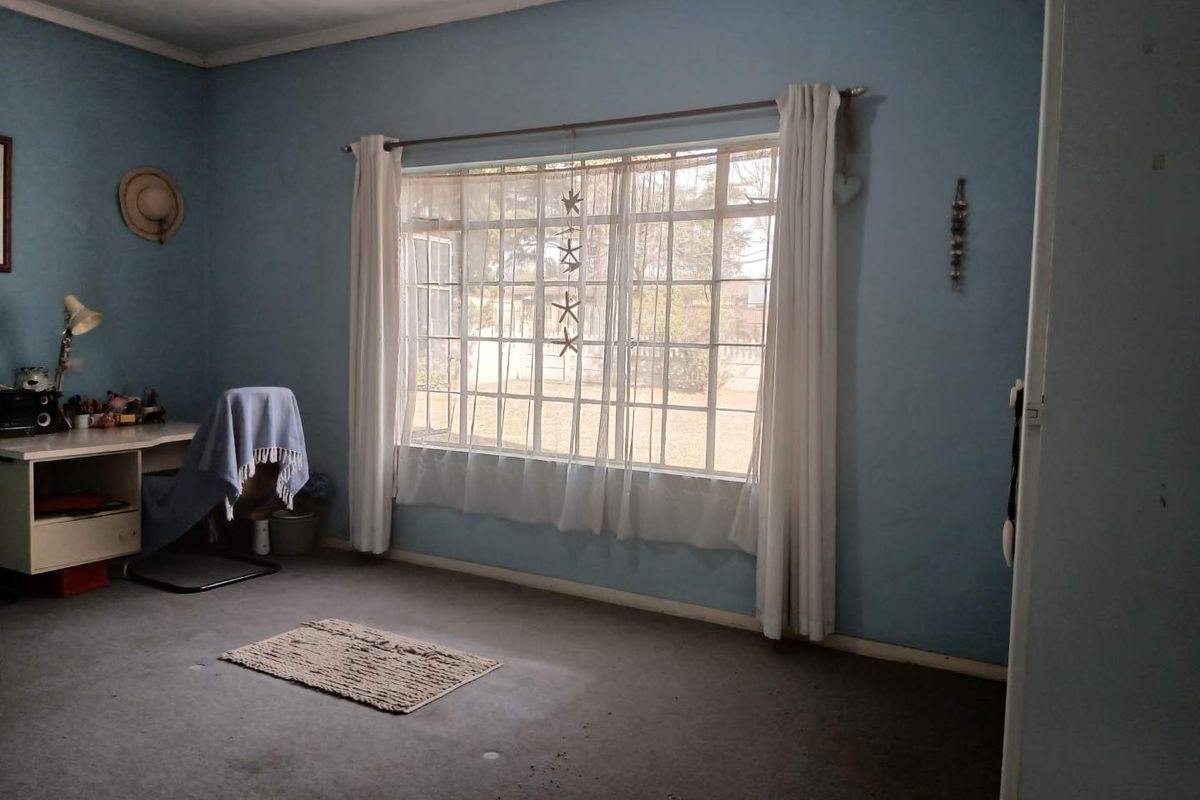 A bedroom featuring a large grid-pattern window that allows natural light, with carpeted flooring and blue painted walls.