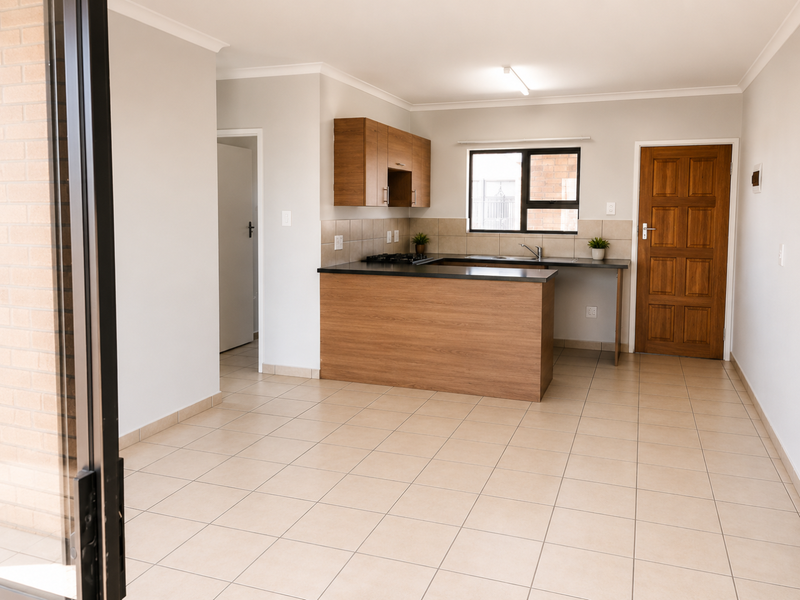 A clean, modern kitchen featuring wood-finish cabinetry, dark laminate countertops, a gas hob, and neutral tiled flooring in an open-plan layout.