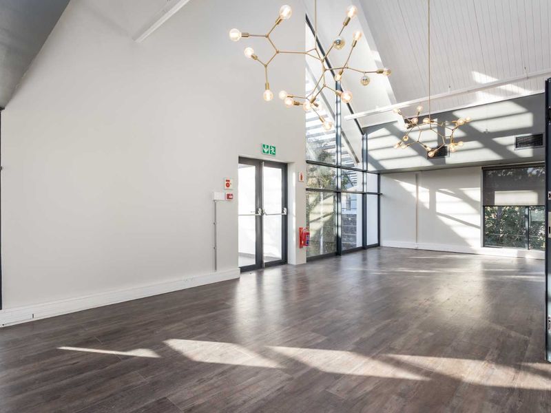 Spacious open-plan area featuring high vaulted ceilings, timber laminate flooring, and expansive floor-to-ceiling windows that provide excellent natural light.