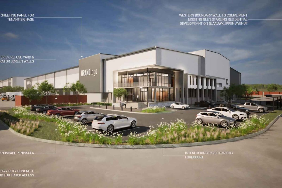 Architectural rendering of a modern industrial facility featuring a paved parking forecourt, heavy-duty concrete truck access, and designated signage and utility areas.