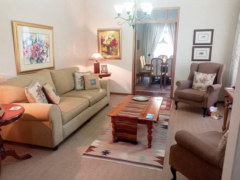 A cozy living room featuring carpeted flooring and a central chandelier, with an open doorway leading into an adjacent dining area.