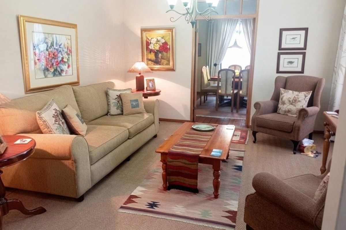 A cozy living room featuring carpeted flooring and a central chandelier, with an open doorway leading into an adjacent dining area.
