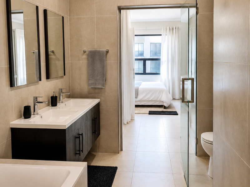 Modern bathroom featuring a double vanity with dark cabinetry, tiled walls, a bathtub, and a glass-enclosed shower area, leading into a bedroom.