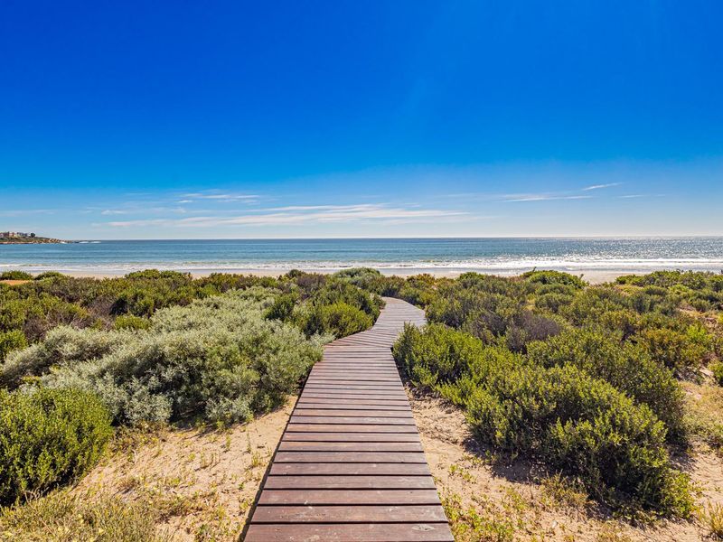 A scenic wooden boardwalk path leading through coastal dunes directly to the sandy beach and ocean horizon.