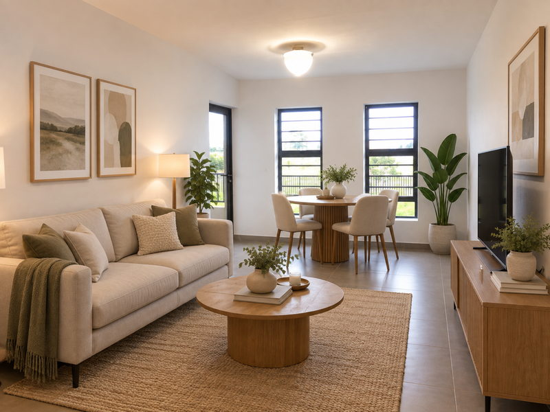 A bright and modern open-plan living and dining area featuring neutral tiled floors, large aluminium-framed windows, and a clean, contemporary aesthetic.