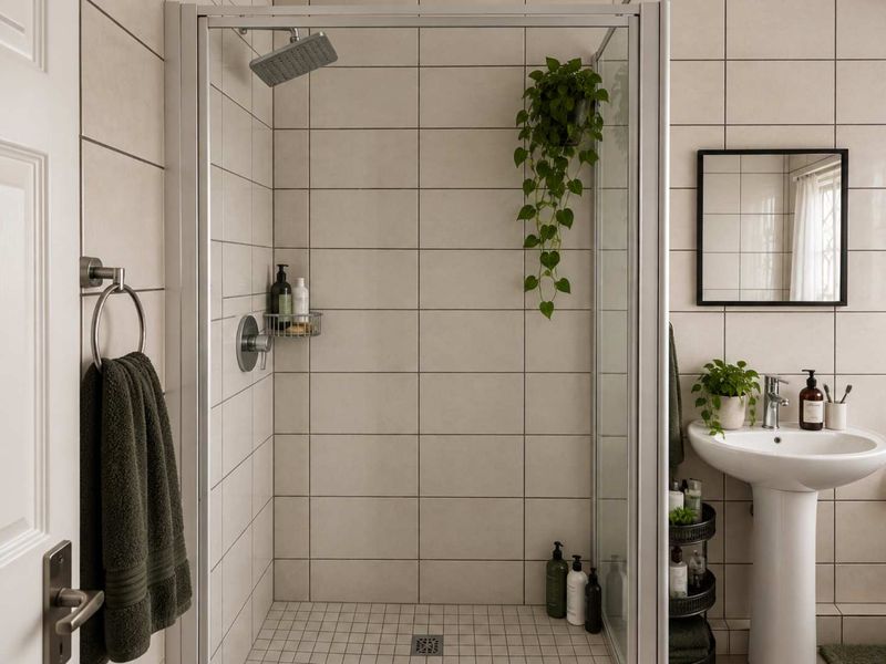 A clean, modern bathroom featuring a glass-enclosed shower with a rain shower head, neutral wall tiling, and a classic pedestal sink.
