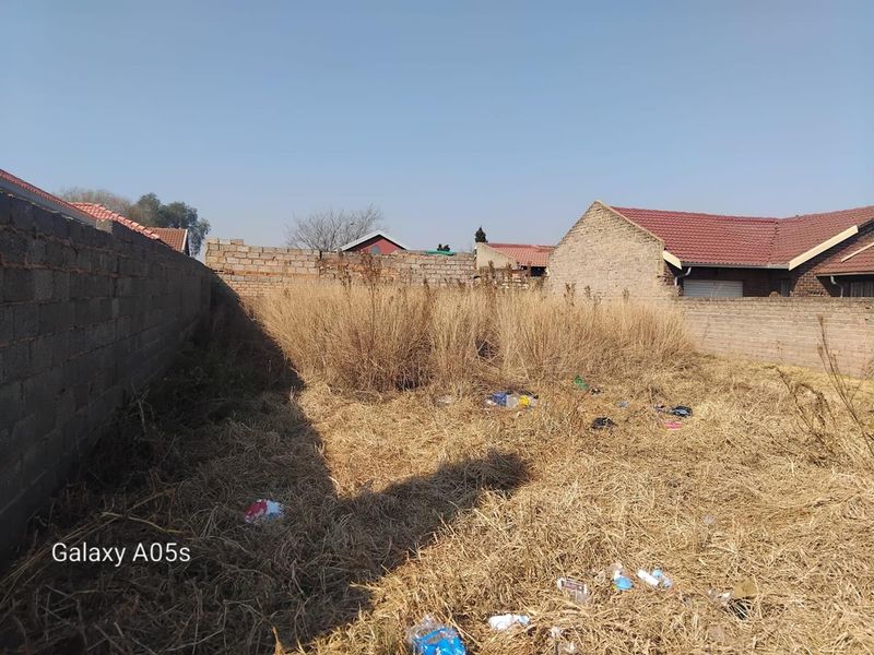 A vacant residential plot enclosed by perimeter masonry walls, featuring overgrown dry grass and accumulated debris.