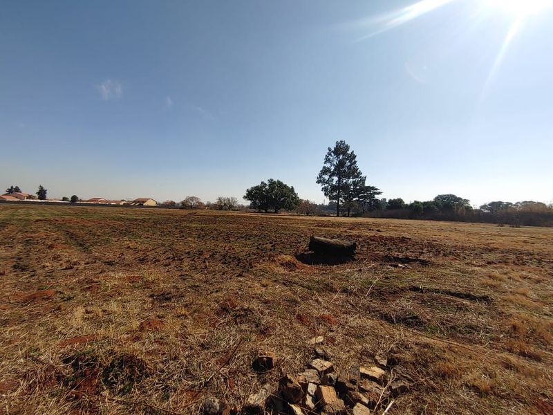 A wide-angle view of a vacant commercial land plot featuring open terrain and mature trees under a clear sky.
