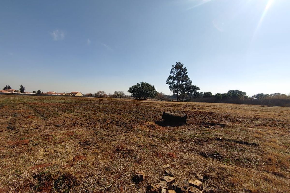 A wide-angle view of a vacant commercial land plot featuring open terrain and mature trees under a clear sky.