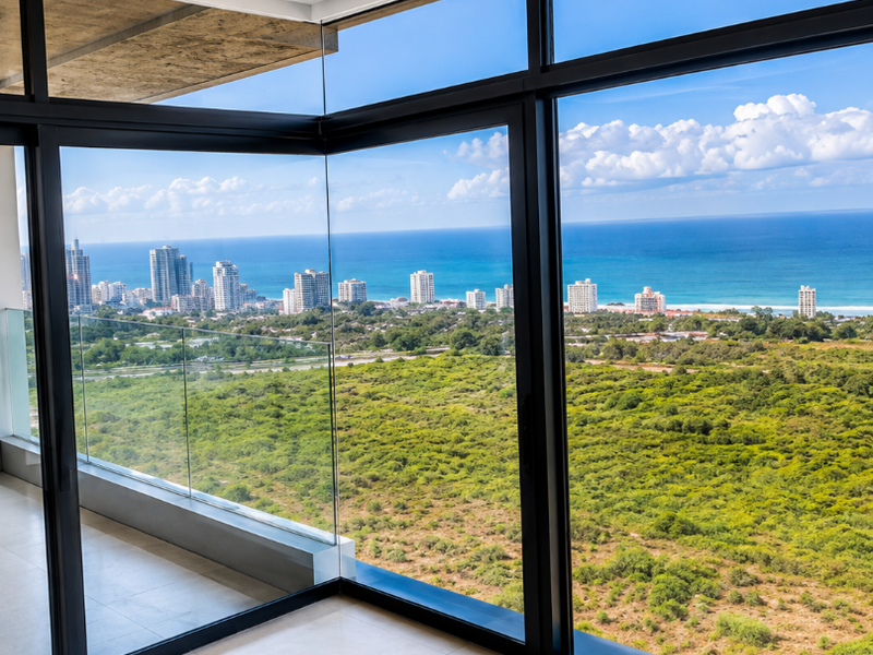 Modern interior space featuring expansive floor-to-ceiling windows with panoramic coastal and ocean views, complemented by sleek tiled flooring and a glass balcony balustrade.