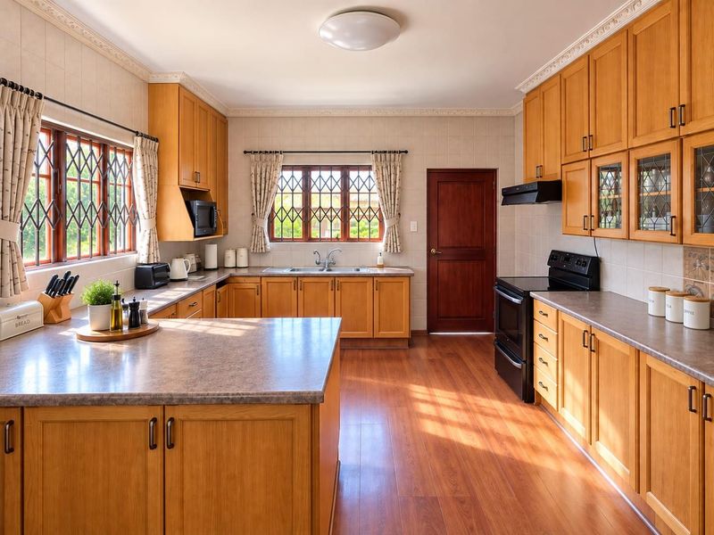 A well-maintained kitchen featuring warm wooden cabinetry, laminate countertops, a double basin sink, and integrated appliances with classic leaded glass windows.