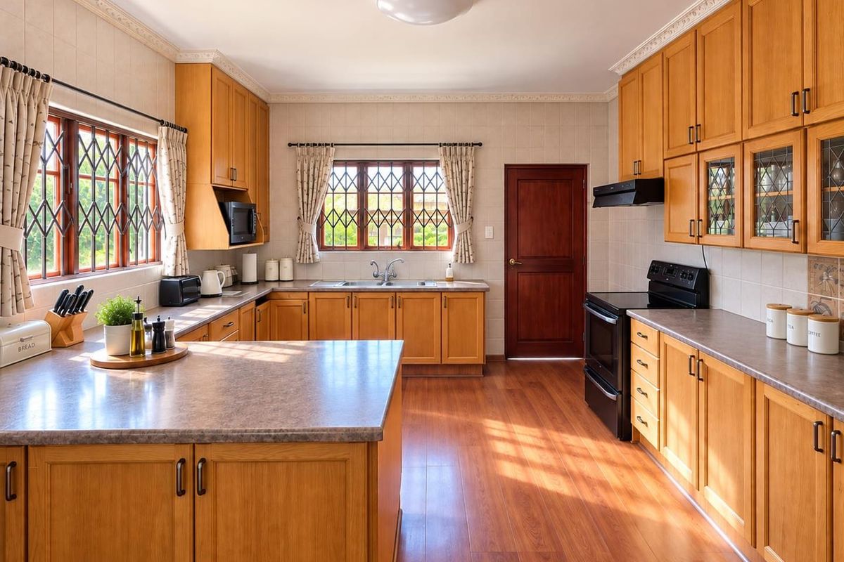 A well-maintained kitchen featuring warm wooden cabinetry, laminate countertops, a double basin sink, and integrated appliances with classic leaded glass windows.
