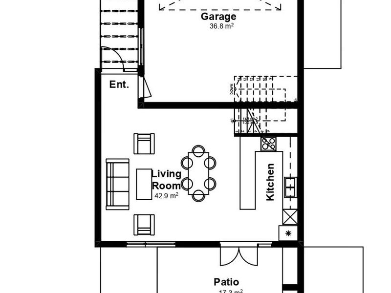 Ground floor architectural floor plan showing the layout of the garage, living room, kitchen, and patio area.