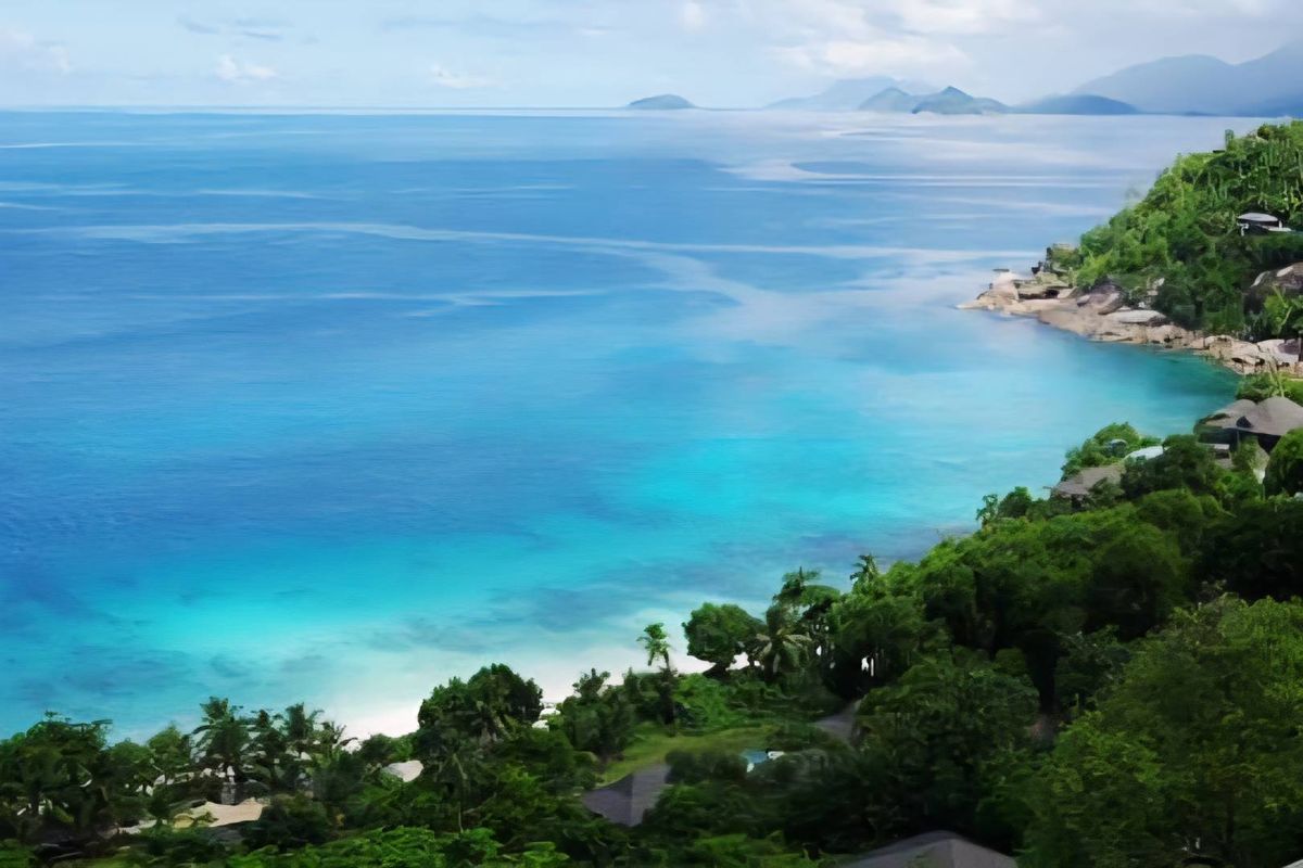 A stunning elevated aerial view of a coastal landscape featuring lush tropical vegetation, a pristine beach, and expansive turquoise ocean waters.