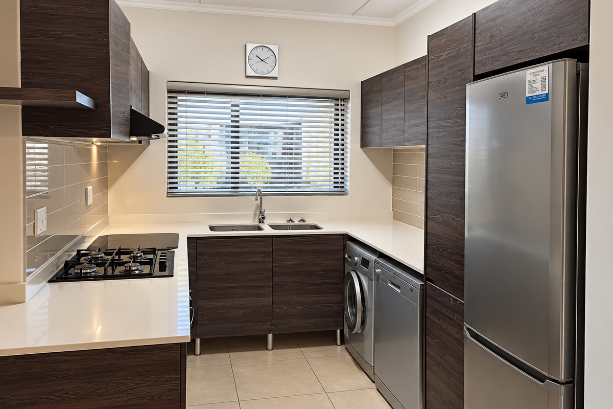 Modern kitchen featuring dark wood cabinetry, stone countertops, gas hob, extractor fan, and integrated appliance spaces with a clean tiled backsplash.