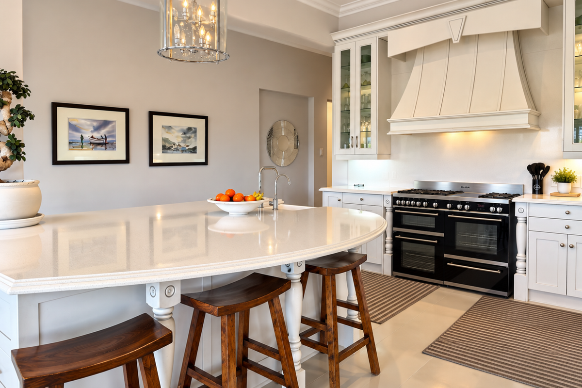 A bright, modern kitchen featuring a large central island with quartz countertops, high-end range cooker, custom cabinetry, and elegant pendant lighting.