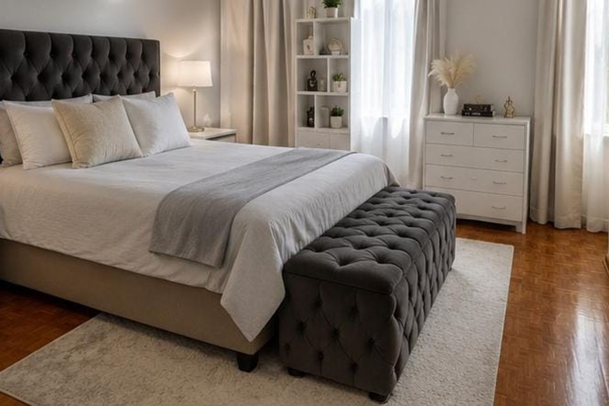 A well-maintained bedroom featuring classic parquet flooring and neutral wall finishes, creating a comfortable and inviting living space.