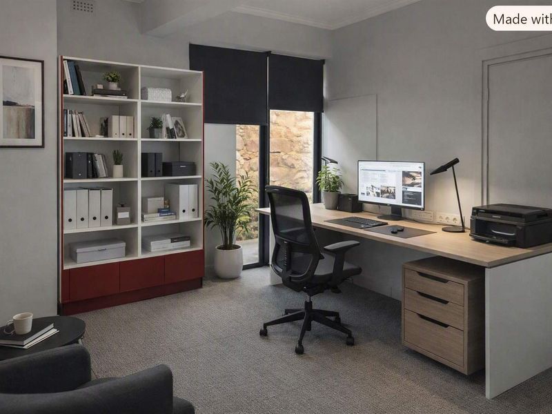 A professional office space featuring built-in shelving, a spacious fitted desk, carpeted flooring, and large windows with roller blinds.