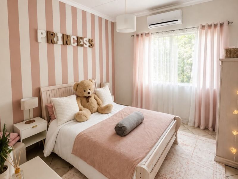 A well-maintained bedroom featuring tiled flooring, a split-system air conditioner, and a feature wall with striped wallpaper.
