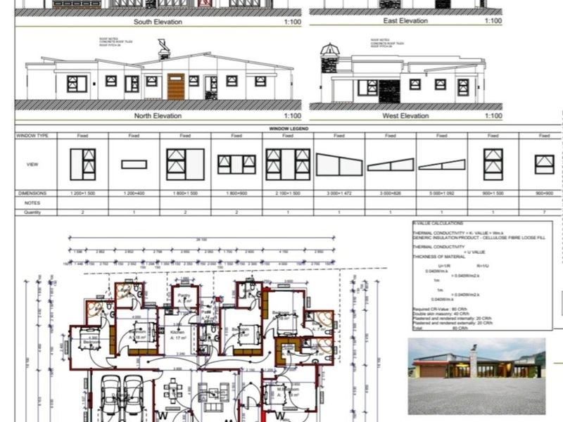 Architectural floor plan and elevation drawings for a residential farm property, detailing layout, window specifications, and exterior facade designs.