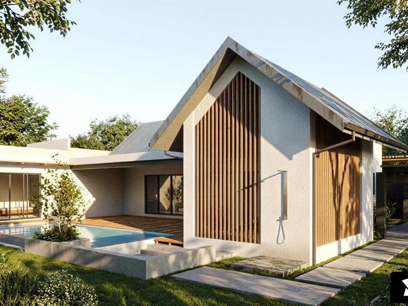 A modern architectural rendering of a contemporary house featuring a swimming pool, timber slat facade details, and a covered patio area.