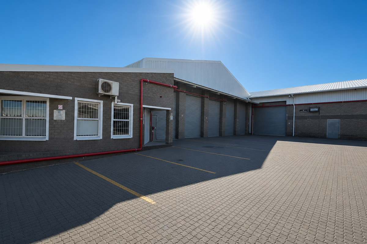 Industrial property exterior featuring multiple roller shutter doors, paved parking area, and functional fire safety infrastructure.