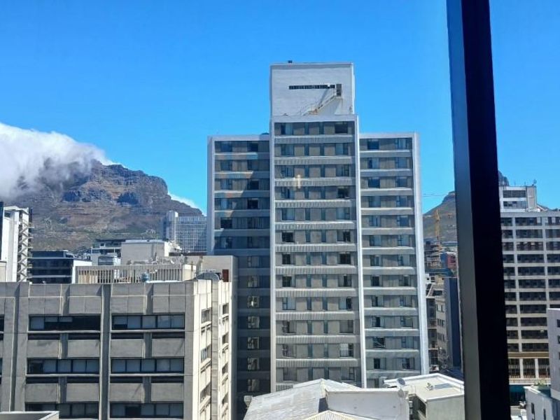 An elevated urban view overlooking surrounding city buildings with a prominent mountain backdrop.