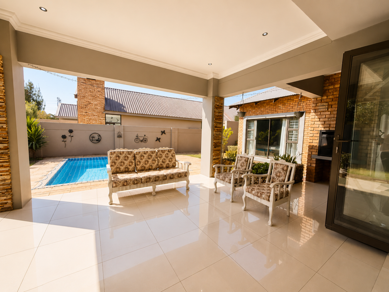 A spacious covered patio featuring polished tile flooring, recessed lighting, and a built-in braai, overlooking a private swimming pool and garden area.
