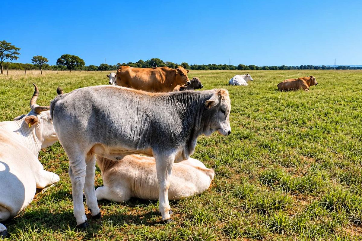 Expansive open pasture land suitable for livestock grazing, featuring established grass cover and perimeter fencing under a clear blue sky.