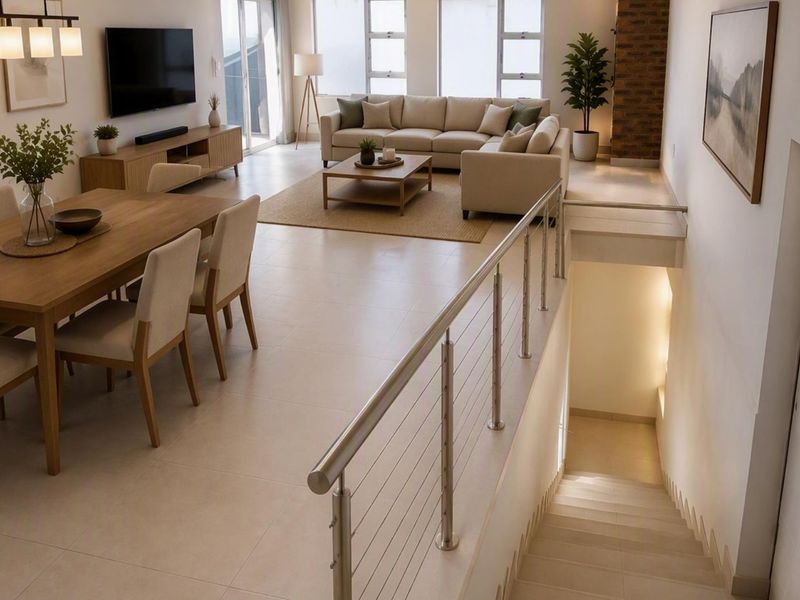 Spacious open-plan living and dining area featuring modern tiled floors, a sleek stainless steel balustrade, and direct access to a staircase.