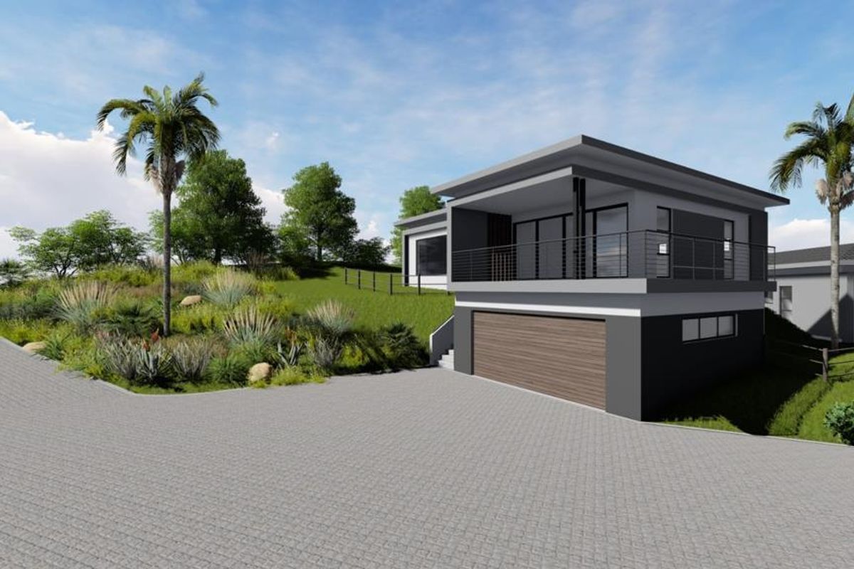 A modern architectural rendering of a contemporary two-story house featuring a ground-level garage, upper-level balcony, and landscaped surroundings.