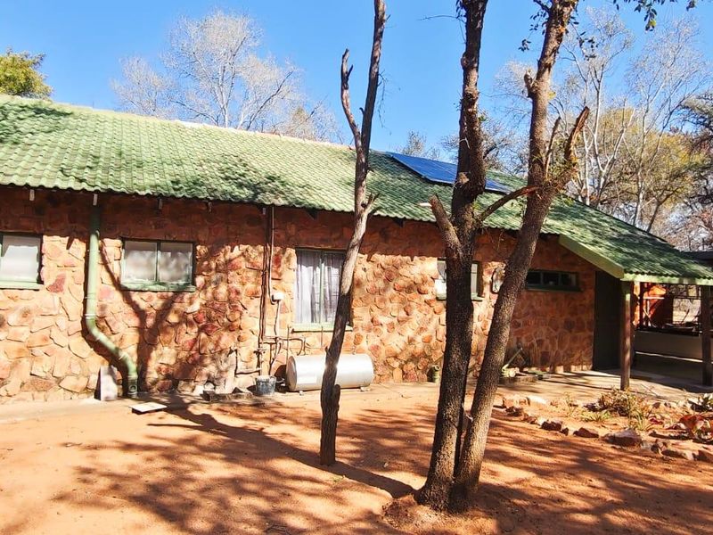 Rear view of a stone-clad house featuring a tiled roof, solar panels, and a covered patio area set within a natural garden.