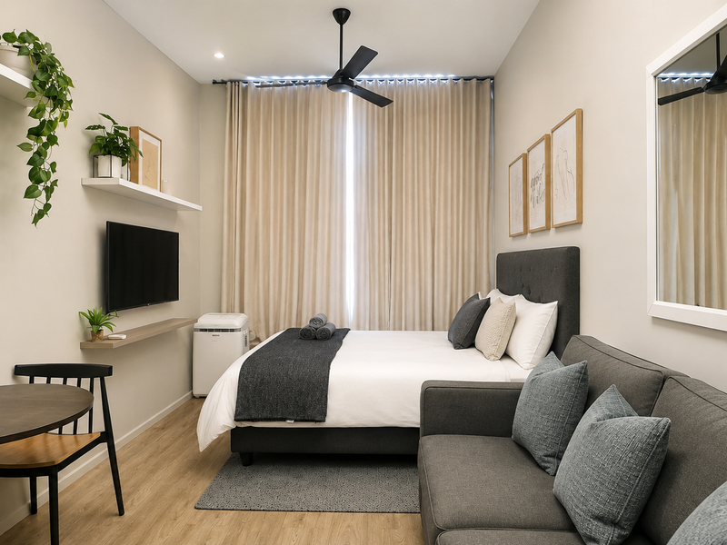A well-maintained bedroom featuring modern laminate flooring, a ceiling fan, and built-in floating shelving, creating a clean and functional living space.