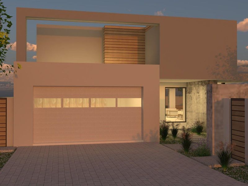 Modern architectural front elevation featuring a clean concrete facade, timber accents, a paved driveway, and a secure garage entrance.