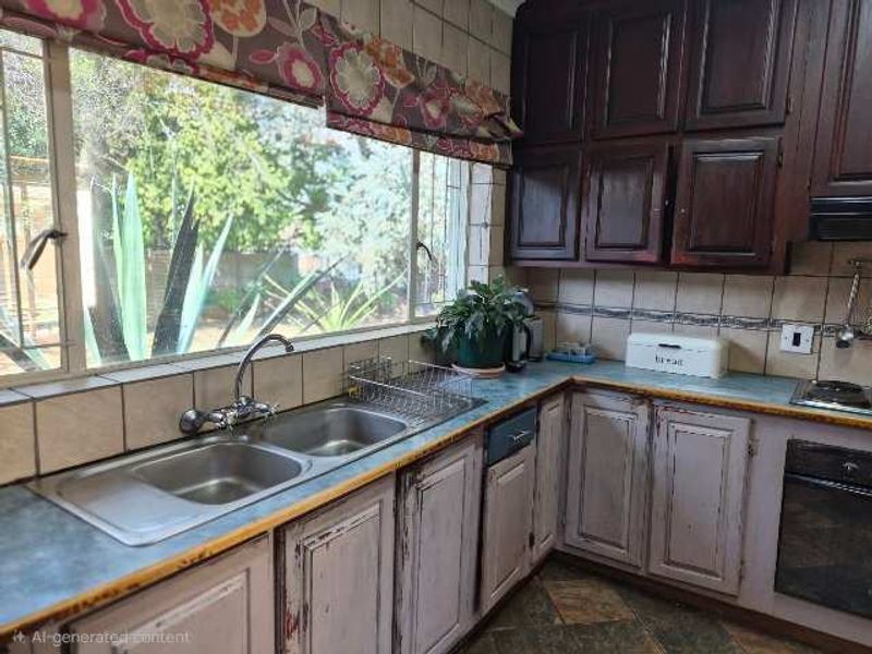 A dated kitchen featuring dark timber cabinetry, laminate countertops, a double bowl sink, and built-in oven, with a large window overlooking the garden.